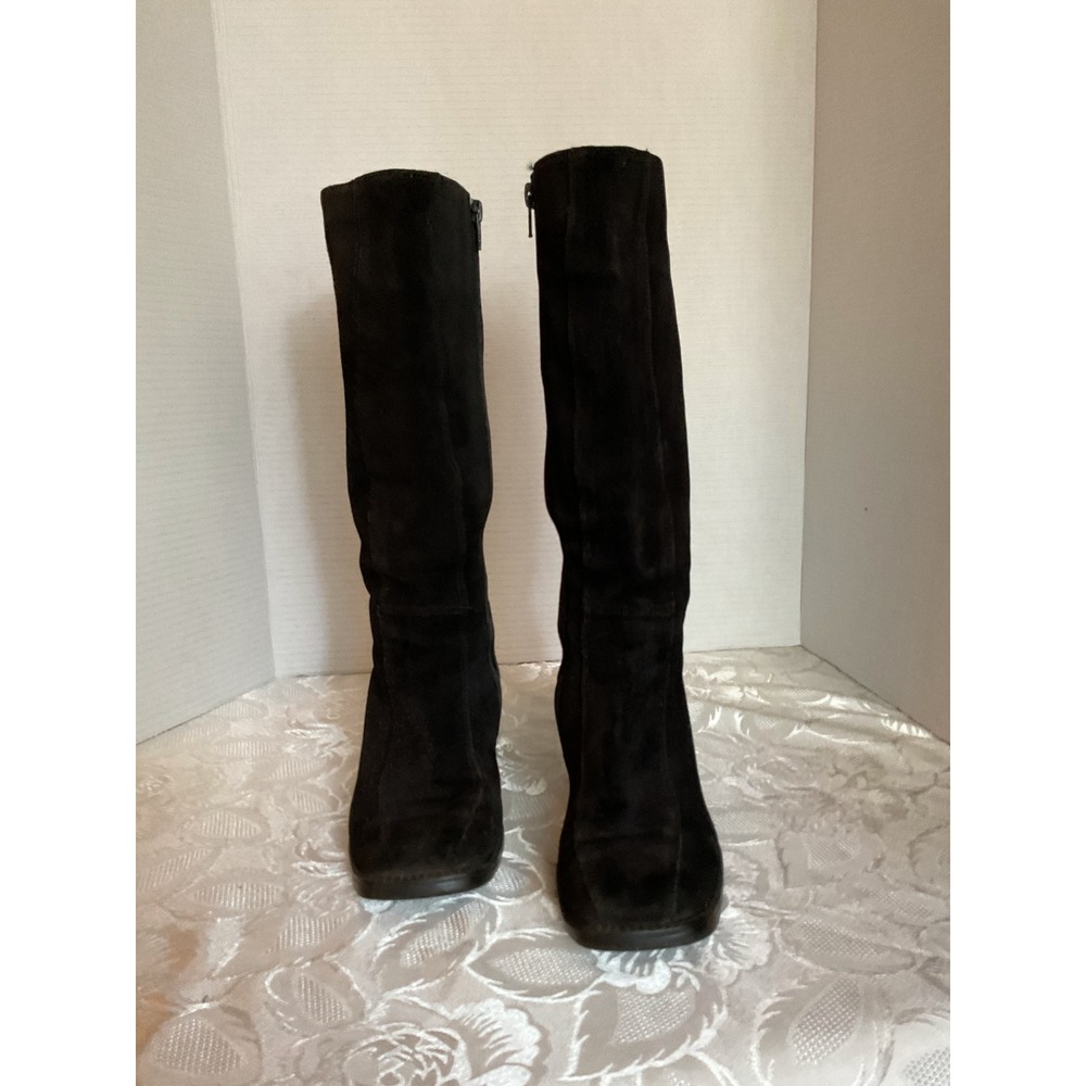 Barbo Suede Tall Boots Women 7 Black Excellent Block Heel Square Toe Zip Up